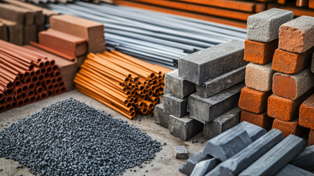 Construction materials like steel beams and bricks arranged, with room for copyの素材