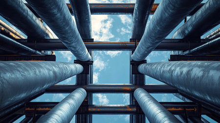 Metal pipes and beams neatly arranged, with blank area in the sky for copy spaceの素材