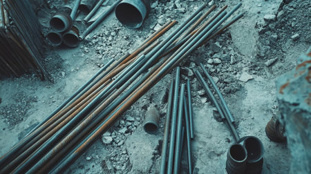 Metal pipes and rods scattered on a construction site, blank area for textの素材