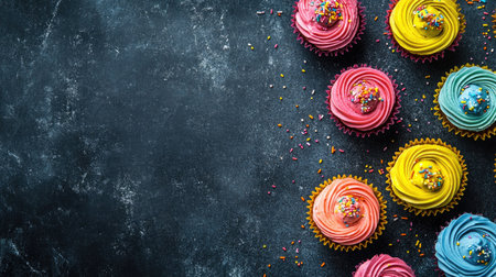 Delicious cupcakes with colorful toppings, seen from a top angle, space for writing availableの素材