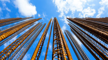 Large metal rods at a construction site, with blank copy space in the skyの素材