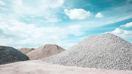 Piles of gravel and sand, construction materials with empty sky for textの素材
