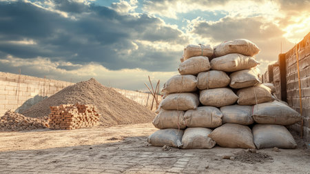 Piles of bricks and bags of cement on the ground, copy space available in the skyの素材