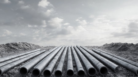Metal pipes and rods laid out on the ground, blank sky above for copy spaceの素材