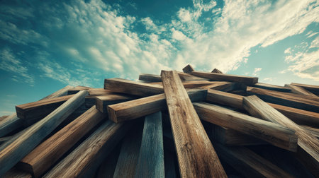 Pile of wooden planks ready for construction, ample room for copy in the skyの素材