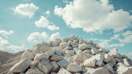 Piles of aggregate stone at a construction site, blank area in the sky for textの素材
