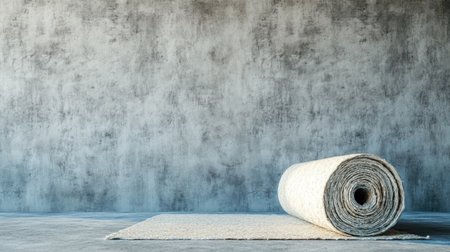 Rolled insulation material on a concrete floor, with empty space for textの素材