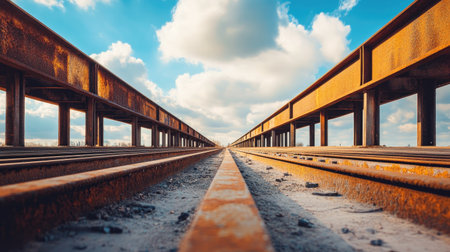 Metal beams and rods arranged on the ground, blank area in the sky for textの素材