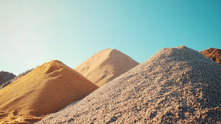 Piles of gravel and sand, construction materials with empty sky for textの素材