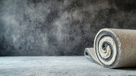 Rolled insulation material on a concrete floor, with empty space for textの素材