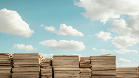 Piles of lumber ready for construction, open sky for copy spaceの素材