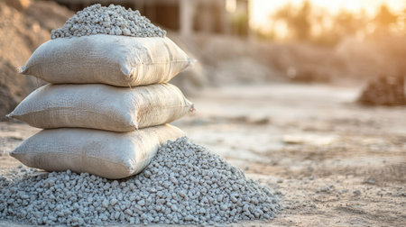 Piles of gravel and cement bags, empty space for text in the backgroundの素材