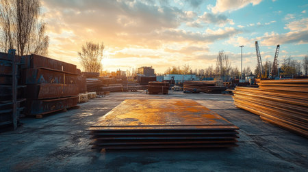 Rolled steel sheets in a construction yard, with wide open sky for copy spaceの素材