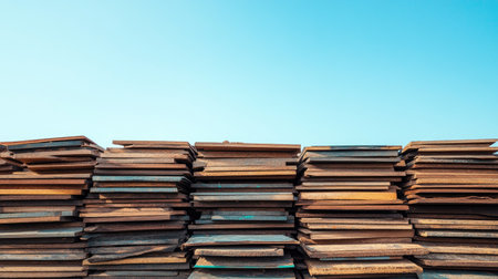 Roofing shingles and materials piled up, clear sky for copy spaceの素材