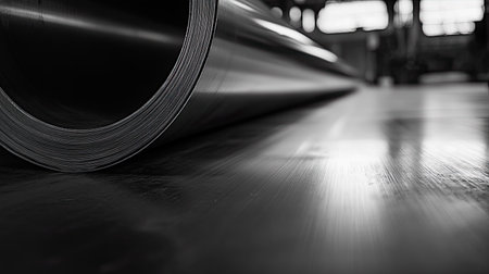 Rolled steel sheets in a warehouse, blank space in the background for textの素材