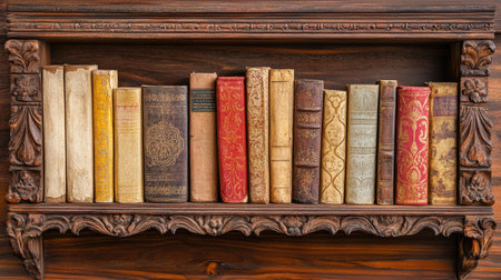 Rows of old South Asian books on a hand-carved wooden shelf, copy space to the rightの素材