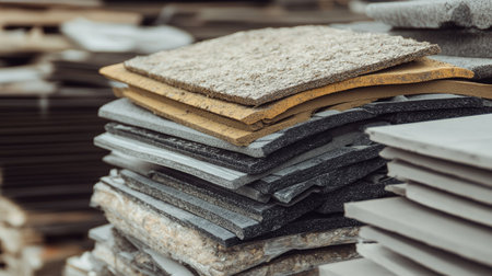 Roofing tiles and insulation materials piled together, with room for textの素材