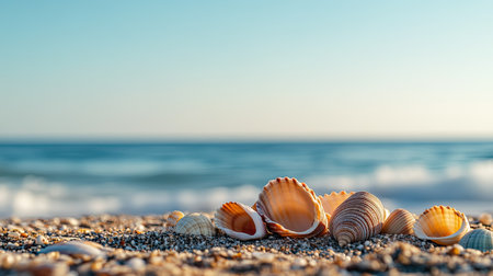 Seashells of different shapes and colors scattered across the beach, with space for text in the skyの素材