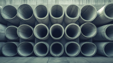 Stacked concrete pipes with ample space for text in the backgroundの素材