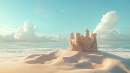 Sandcastle surrounded by tiny sand dunes, set against the ocean and sky with ample copy spaceの素材