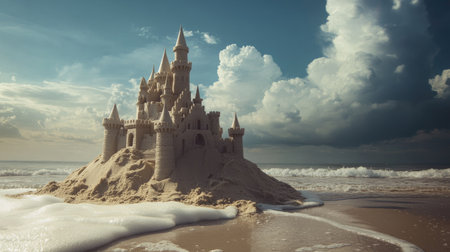 Sandcastle built near the shoreline, waves gently approaching, ample copy space in the sky aboveの素材