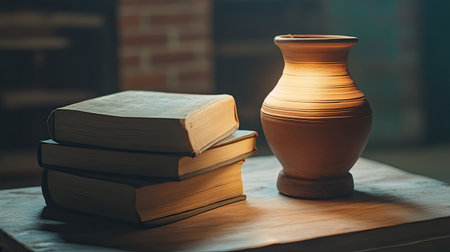 South Asian literary works placed on a simple wooden table, clay lamp illuminating the scene, copy spaceの素材