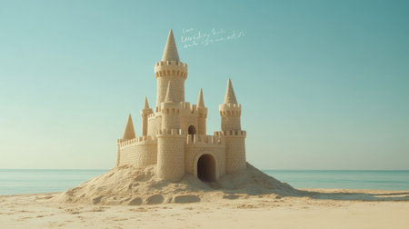 Sandcastle with tall turrets, sitting alone on a sandy beach, space for writing in the clear sky aboveの素材