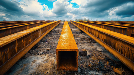 Steel beams laid out on the ground, with room for copy in the skyの素材