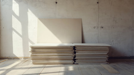 Stacks of drywall sheets on a floor, with plenty of blank space aboveの素材