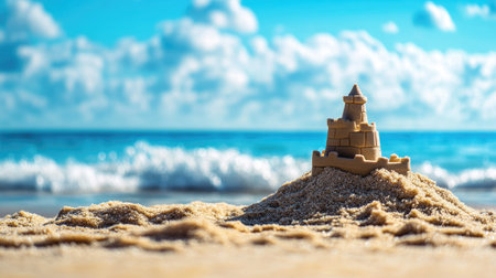Sandcastle in focus with soft ocean waves in the background, blue sky offering plenty of copy spaceの素材