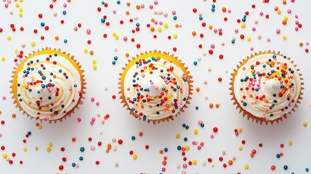 Top view of cupcakes decorated with sprinkles, clean background providing ample room for textの素材