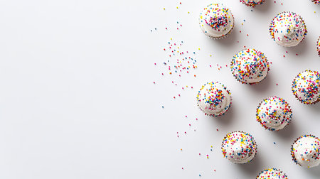 Top view of cupcakes with sprinkles on a white background, leaving plenty of space for textの素材