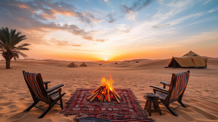 Experience the serene beauty of a desert campfire at sunset, with a breathtaking view of sand dunes and a colorful sky, perfect for adventure seekers.の素材