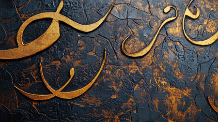 This artwork features an elegant abstract texture with golden calligraphy against a dark background, showcasing unique craftsmanship and modern aesthetics.の素材