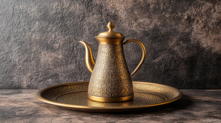 A stunning antique brass teapot elegantly displayed on a decorative tray. The intricate patterns and warm metallic tones enhance its vintage charm, perfect for any interior.の素材