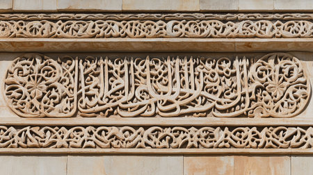 Detailed Arabic calligraphy carved into a stone wall, showcasing the artistry and cultural significance of traditional designs. Perfect for architectural themes.の素材