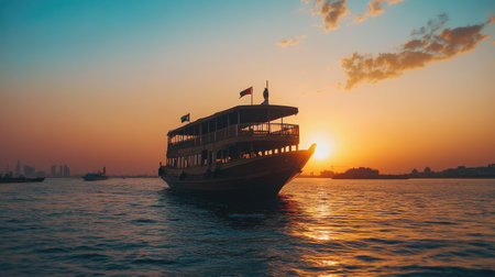 A traditional boat glides across the water at sunset, creating a tranquil atmosphere. The vibrant colors of the sunset reflect beautifully on the waves, offering a scenic view.の素材