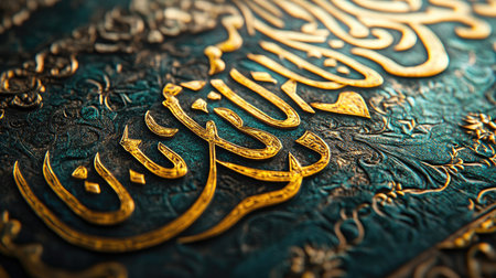 This image showcases intricate Arabic calligraphy with golden accents on a richly textured background, highlighting cultural beauty and artistic craftsmanship.の素材