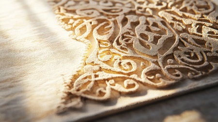 Discover an exquisite close-up of a decorative fabric featuring intricate golden embroidery, showcasing artistry, elegance, and fine craftsmanship in textile design.の素材
