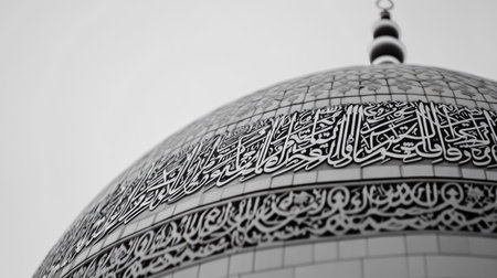 Close-up view of a mosque dome showcasing intricate calligraphy and ornate designs. Highlighting the architectural beauty and cultural significance of this religious structure.の素材