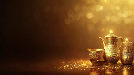 A stunning still life featuring a golden teapot and cup, surrounded by shimmering light. Perfect for capturing luxury and elegance in any setting.の素材