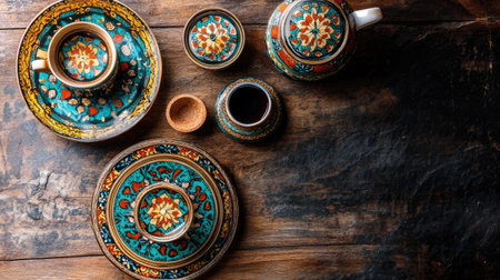 Vibrant ceramic teaware artfully arranged on a rustic wooden surface, showcasing intricate patterns and colors that reflect traditional craftsmanship.の素材
