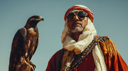 A majestic falconer stands confidently outdoors, showcasing a stunning bird of prey. Traditional attire and sunglasses highlight cultural heritage against a clear sky.の素材