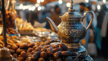 A beautifully ornate teapot stands amid a vibrant market filled with dates and local delicacies, creating a warm and inviting atmosphere.の素材