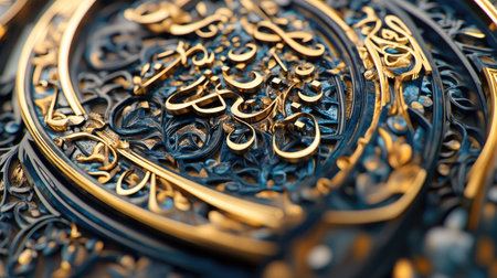 Explore the exquisite detail of intricate gold Arabic calligraphy on an ornate decorative surface, showcasing the beauty and craftsmanship of this art form.の素材