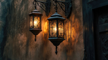 Explore these elegant lanterns casting a warm glow against a textured wall, creating a cozy and inviting atmosphere perfect for any setting.の素材