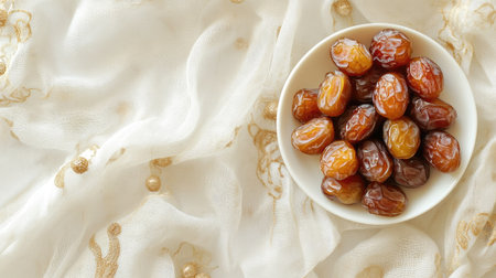 A serene composition featuring fresh dates in a white bowl set on luxurious fabric. This image showcases the rich textures and colors, perfect for culinary themes.の素材