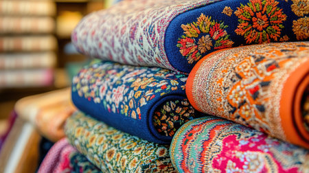 A stunning display of vibrant textiles showcases intricate patterns and rich colors. Perfect for design inspiration or interior decor projects.の素材