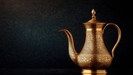 Elegant golden teapot showcasing intricate designs, perfect for cultural displays or kitchen decoration. Ideal for vintage aesthetics and beverage presentations.の素材
