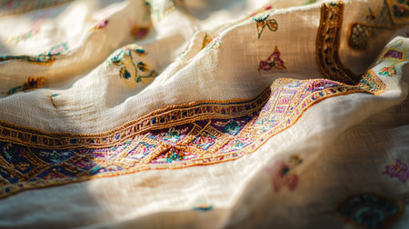 Captivating close-up of an elegant fabric featuring intricate embroidery and soft drapery. The interplay of light accentuates its rich texture and vibrant colors.の素材